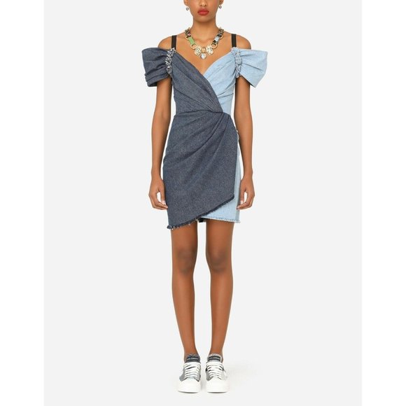 Dolce & Gabbana Patchwork Denim Wrap Dress - Picture 1 of 10